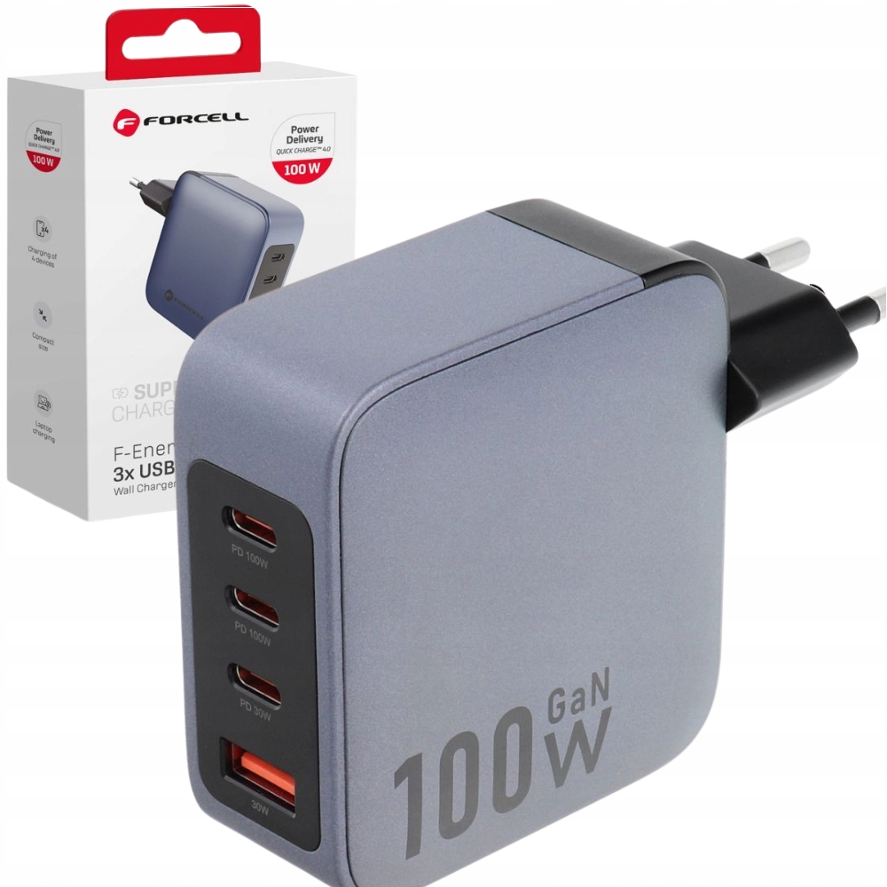 FORCELL GaN 100W USB + 3x USB-C PD QC 4.0 rýchla nabíjačka pre notebook